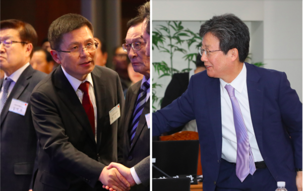 황교안 자유한국당 대표(왼쪽)과 새로운보수당 유승민 의원/연합뉴스