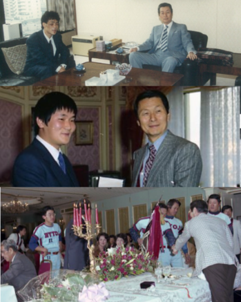 (위에서 부터)신격호 명예회장이 1985년 1월 장정구 권투선수를, 1980년대 바둑기사 조치훈을 격려하고 있다. 아래는 롯데자이언츠를 격려하고 있는 모습./롯데그룹 제공