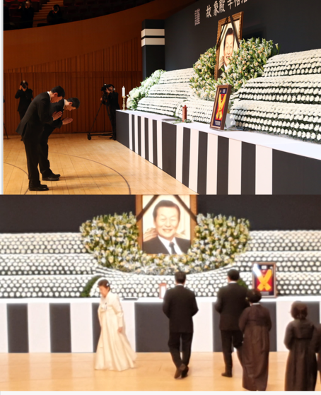 위는 신동주(뒤) SDJ코퍼레이션 회장과 신동빈 롯데그룹 회장이 헌화하는 모습. 아래는 시게미쓰 하쓰코(重光初子) 여사가 헌화를 한 뒤 신동주(가운데) 회장과 신동빈(오른쪽) 회장이 함께 헌화를 하기 위해 준비 중인 모습./롯데그룹, 안상희 기자