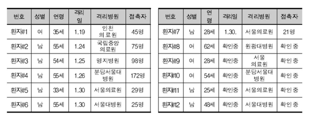 2월 1일 오전 9시 기준 확진 환자 세부 현황. /보건복지부 제공