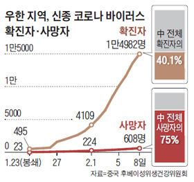 우한 지역, 신종 코로나 바이러스 확진자와 사망자 수 그래프