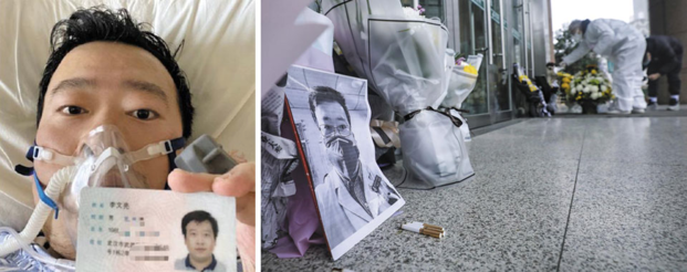 7일 중국 후베이성 우한시중신병원 주변에 마련된 중국 의사 리원량의 임시 추모소에 리씨의 사진과 꽃다발, 담배가 놓여 있다(오른쪽 사진). 우한시중신병원 의사인 리씨는 신종 코로나 바이러스 감염증(우한 폐렴) 발생을 미리 경고했다가 유언비어 유포 혐의로 경찰 조사를 받았고, 지난달 감염자를 진료하다 자신도 우한 폐렴에 걸려 7일 결국 사망했다. 그의 사망 소식이 알려지자 중국 인터넷에서는 '시대의 영웅'이라는 등의 추모 글이 이어졌다. 왼쪽 사진은 리씨가 우한 폐렴에 걸려 병상에 누워 있는 모습. /리원량 웨이보·EPA 연합뉴스