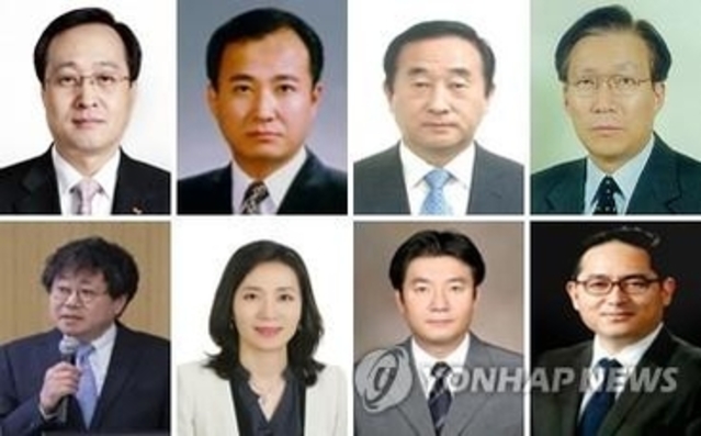 조현아 전 대한항공 부사장과 행동주의 사모펀드 KCGI, 반도건설 연합은 김신배 전 SK 부회장을 비롯해 사내이사 4명과 사외이사 4명 후보를 제안했다. 사진 윗줄 왼쪽부터 사내이사 후보인 김신배 부회장, 배경태 전 삼성전자 중국총괄 부사장, 김치훈 전 대한항공 상무, 함철호 전 티웨이항공 사장, 사진 아랫줄 왼쪽부터 사외이사 후보인 서윤석 이화여대 교수, 여은정 중앙대 경영경제대학 교수, 이형석 수원대 공과대학 교수, 구본주 법무법인 사람과사람 변호사. /연합뉴스