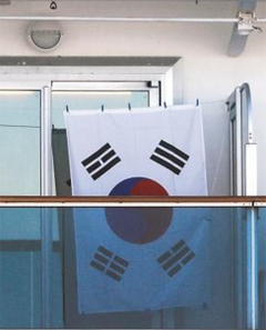 크루즈에 걸린 태극기 - 13일 일본 요코하마항 앞바다에 격리 중인 크루즈선 다이아몬드 프린세스의 한 객실 발코니에 태극기가 걸려 있다. 이 배엔 한국인 승객과 승무원 14명이 탑승한 것으로 알려졌다.