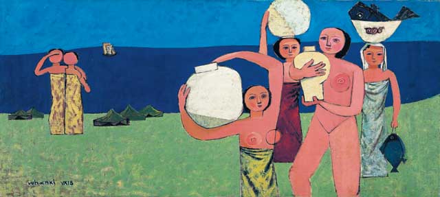 김환기 유화 '항아리와 여인들'(1951). 부산 피란 당시 그린 그림 속 한국적 양태의 여인들이 흰 달을 품고 있는 것처럼 보인다.