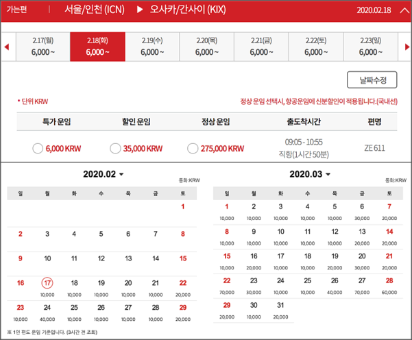 (위)이스타항공은 2~3월 인천~오사카 편도 최저 운임을 6000원에 책정했다. (아래)티웨이항공도 2~3월 인천~오사카 편도 운임을 대부분 1만원에 책정했다. /이스타항공·티웨이항공 웹사이트 캡처