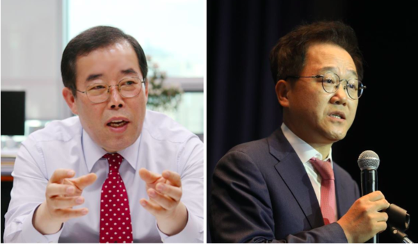 미래통합당 박성중(왼쪽) 현 의원이 4·15 총선 서울 서초을 경선에서 재경선 끝에 강석훈 전 의원을 이기고 공천권을 따냈다./연합뉴스