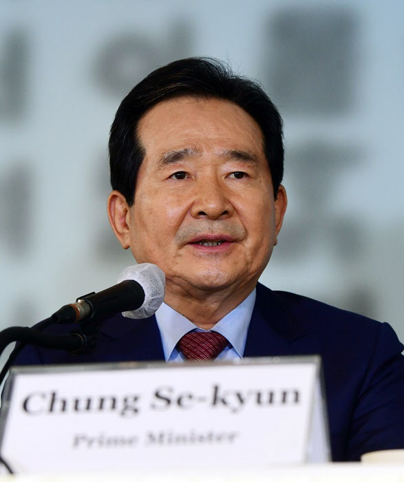 정세균 국무총리가 27일 서울 프레스센터에서 개최한 외신기자 간담회에서 발언하고 있다./뉴시스