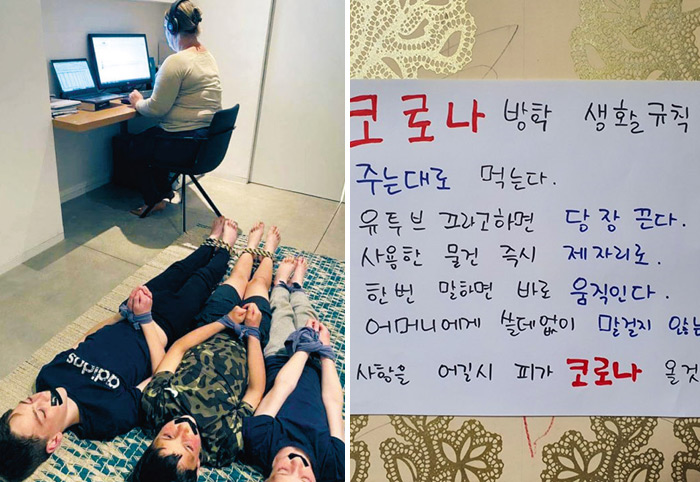 세 아들을 묶어놓고 재택근무하는 미국 엄마의 사진(왼쪽)과 네 아들 키우는 장군이맘이 만든 ‘코로나 방학 생활규칙’.