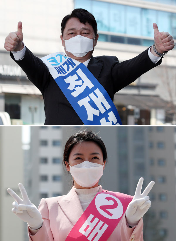 4·15 총선 서울 송파을에 출마한 더불어민주당 최재성 후보(사진 위)와 미래통합당 배현진 후보가 3일 서울 송파구에서 각각 지지를 호소하며 유세하고 있다./연합뉴스