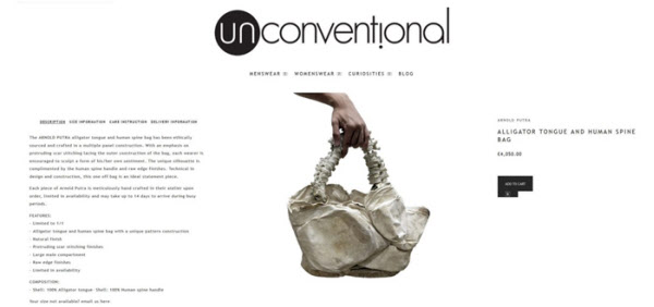 실제로 영국 패션 쇼핑몰 '디 언컨벤셔널'에서 등뼈 핸드백이 약 540만원에 판매되던 모습. 항의가 쏟아지자 지금은 판매 페이지를 삭제한 상태다. /디 언컨벤셔널 홈페이지