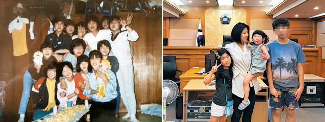 1986년 당시 18세 김미애(맨 윗줄 맨 왼쪽)가 부산시의 한 봉제 공장 기숙사에서 친구들과 함께 찍은 사진(왼쪽). 2016년 8월 여름방학을 맞아 부산지방법원 형사법정을 방문한 세 아이와 기념사진을 촬영했다.