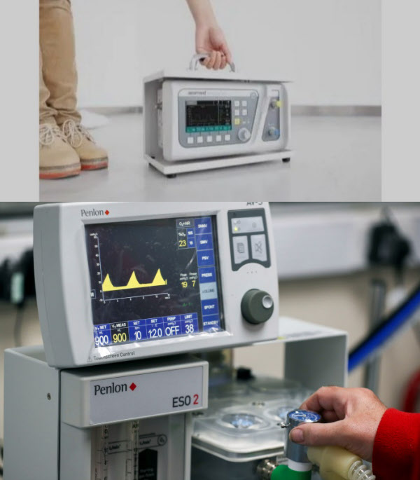 Shangri-La 510 model with one hand (above) and Fenron ventilator (below) in a British hospital.