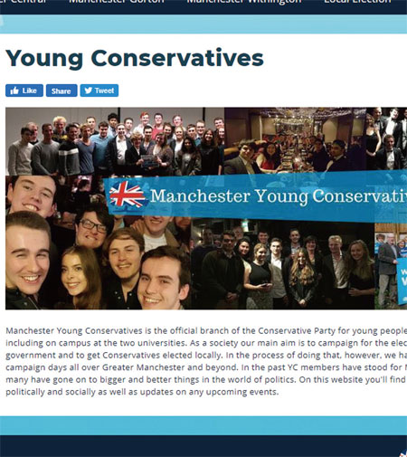 The home page of 'Youth Conservation (YC)' of the British Conservative Party Manchester. 