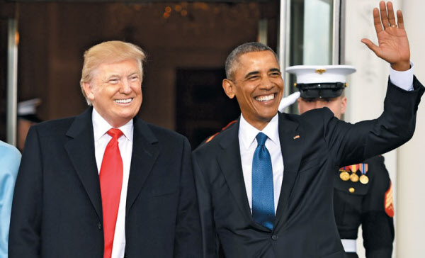 On January 20, 2017, at the White House in Washington DC, where the 45th President of the US was inaugurated. In the United States, President Donald Trump (left) sits next to former President Barack Obama. / AFP Yonhap News