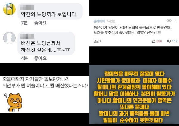 위안부 피해자 이용수 할머니를 비난하는 온라인 게시글들. 이 할머니가 윤미향 더불어민주당 당선자를 '배신자'라고 칭하자, 여당 지지자들이 이 할머니를 비난하고 나섰다. /페이스북·다음 캡처