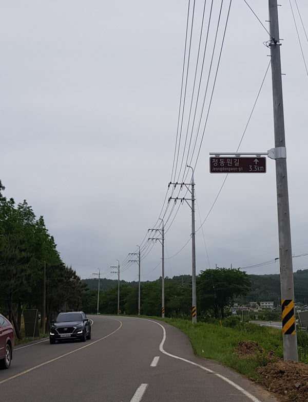 지난 21일 경남 하동군 진교면 도로에 정동원길 안내 표지판이 보인다. 오는 24일 정동원길 선포식이 열린다./하동=김준호 기자