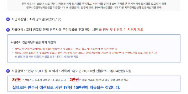 /원주시 홈페이지
원주시 홈페이지에 걸린 원주긴급재난지원금 안내문엔 지급 금액이 10만원에서 8만원이 된 점이 설명돼 있다.