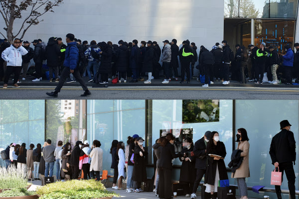 지난해 11월 22일 서울 청담동 분더샵 앞에서 나이키와 가수 GD가 협업한 운동화 래플(추첨 판매) 행사에 참여하기 위해 줄을 선 캠핑족(위)과 지난 5월 13일 대구 계산동 현대핵화점에서 샤넬 매장 앞에 줄을 선 쇼핑객들(아래)./한경진 기자·뉴시스
