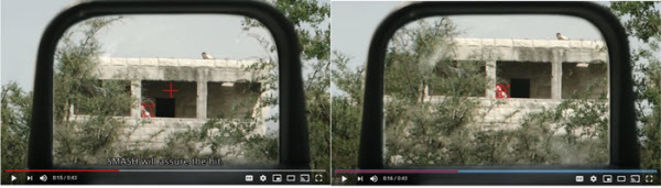 스마트 조준경이 목표물을 인식(빨간 사각형 한에 동그라미)하면(왼쪽 사진) 총을 움직여 조준경의 십자선이 빨간 동그라미에 들어오도록(오른쪽) 한 뒤 방아쇠를 당기면 된다. /스마트 슈터 회사 유튜브 동영상 캡쳐