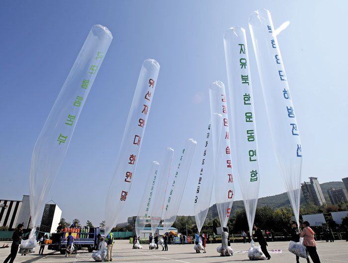 자유북한운동연합 회원들이 지난 2014년 10월 경기 파주시 통일동산에서 대북 전단을 매단 풍선을 날리고 있다.