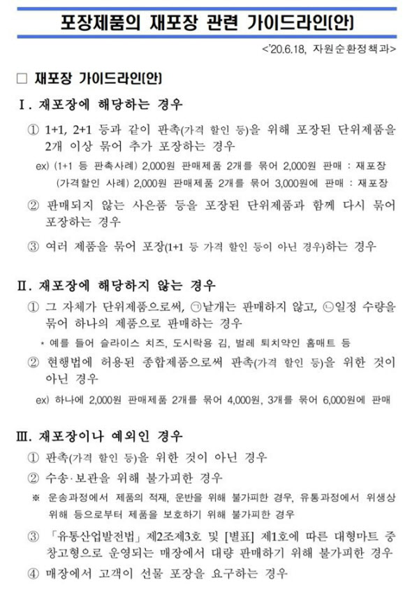 환경부가 지난 18일 제시한 '재포장 금지' 가이드라인