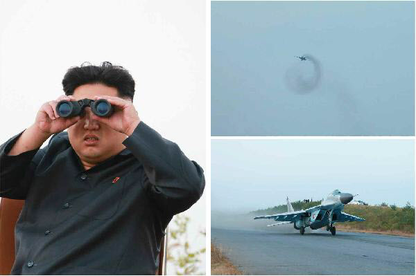 북한 김정은이 2014년 북한군 항공및 반항공군 제1017군부대와 제458군부대를 방문해 전투비행사들의 이착륙훈련을 지도하는 모습이 노동신문을 통해 보도됐다/조선DB