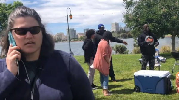 2018년 캘리포니아주 오클랜드시 공원에서, '무섭다'며 야외에서 바베큐파티를 하는 흑인들을 신고한 '바베큐 베키'/유튜브