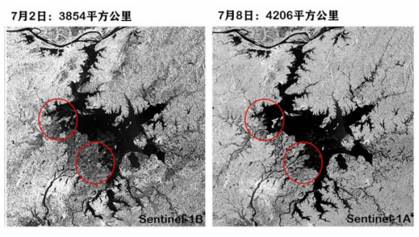 2일과 8일 위성으로 본 중국 장시성 포양호 주변 수역./광명일보