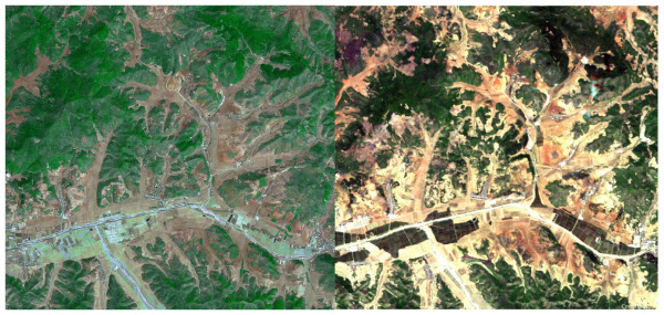 평양 지역 산림 위성 사진. 왼쪽 사진은 2005년, 오른쪽은 2012년 촬영된 것이다. 북한의 산림 황폐화는 매우 심각한 수준으로 이로 인해 경제난이 더 악화하는 측면도 있는 것으로 분석됐다. /한국 산림청