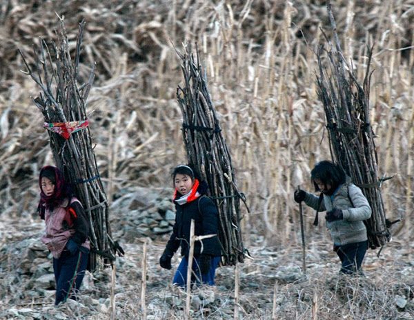 북한 신의주 압록강변에서 북한 소녀들이 자신의 키보다 훨씬 큰 나무를 등에 지고 가고 있다. 2013년 12월 겨울 촬영됐다. /VOA