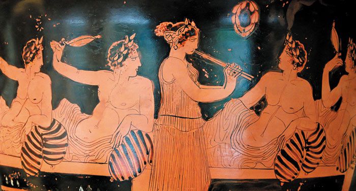 기원전 5세기 그리스 토기에 그려진 심포지엄 장면. 