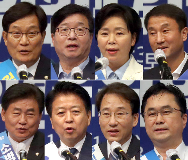 더불어민주당 최고위원 후보들이 1일 오전 경남 창원시 의창구 창원컨벤션센터에서 열린 더불어민주당 당 대표·최고위원 후보 합동연설회에서 정견발표를 하고 있다.
왼쪽부터 기호순으로 신동근, 염태영, 양향자, 한병도. 아랫줄 왼쪽부터 소병훈, 노웅래, 이원욱, 김종민 후보. /연합뉴스