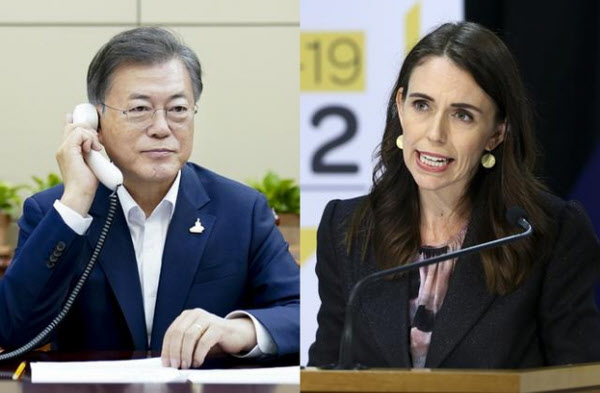 신다 아던 뉴질랜드 총리(오른쪽)와 통화하는 문재인 대통령. /AP 연합뉴스