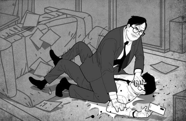 지난달 29일 한동훈 검사장과 정진웅 부장검사측의 주장을 토대로 재구성한 압수수색 당시 상황. 위에 올라탄 것이 전진웅 부장검사./조선DB