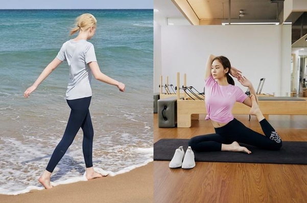 안다르의 ‘데이앤워터 로우라이즈’(왼쪽)와 노스페이스 ‘서프 모어 레깅스’. 워터 레깅스는 해변에선 물론 일상복으로도 활용할 수 있다./각 브랜드