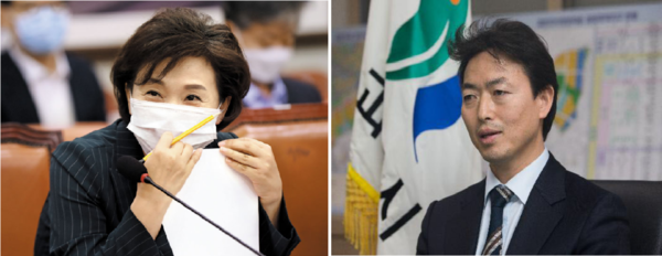 김현미 국토교통부 장관(좌)과 김종천 과천시장(우)/조선DB
