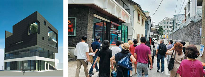 조선일보 땅집고 건축주대학 13기 수강생들이 지난달 현장 스터디에서 서울 용산구 한강로2가 일대 낡은 건물을 리모델링한 식당·카페들을 둘러보고 있다. 왼쪽 사진은 한 수강생이 한강로2가에 신축하고 있는 지하 1층~지상 4층 규모 꼬마빌딩(홍만식 리슈건축소장 설계).