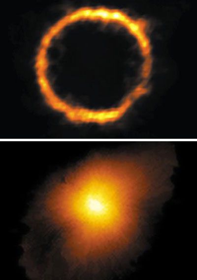 전파 망원경으로 포착 한 초기 우주 은하 SPT0418-47 (위). 