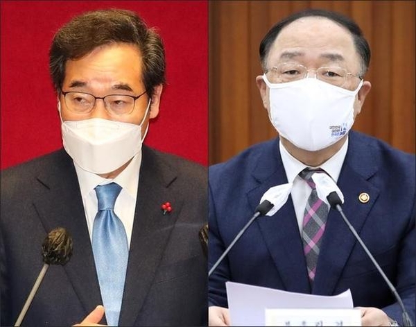이낙연 더불어민주당 대표(왼쪽)와 홍남기 경제부총리 겸 기획재정부 장관(오른쪽) /연합뉴스