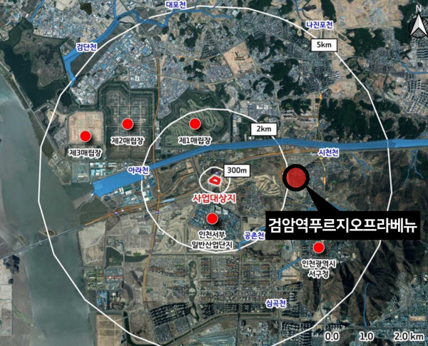 [땅집고] 인천시는 앞서 지난 2021년, 서구 경서동 소재 수도권매립지 2만8000㎡ 규모 유휴 토지에 시장 2층 규모의 공공열분해시설을 건립하기로 계획했다. 사업대상지와 검암역푸르지오라베뉴 위치도. /김포시청