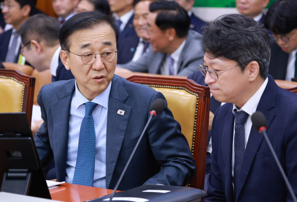김윤덕 국토교통부 장관(왼쪽)과 홍지선 당시 국토부 2차관이 지난 8월 11일 서울 여의도 국회에서 열린 국토교통위원회 전체회의에 앞서 대화하고 있다. /남강호 기자