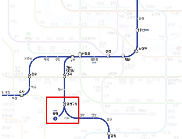 [땅집고] 수도권 지하철 1호선 노선도. KTX광명역은 지선으로 빠져있다. /코레일