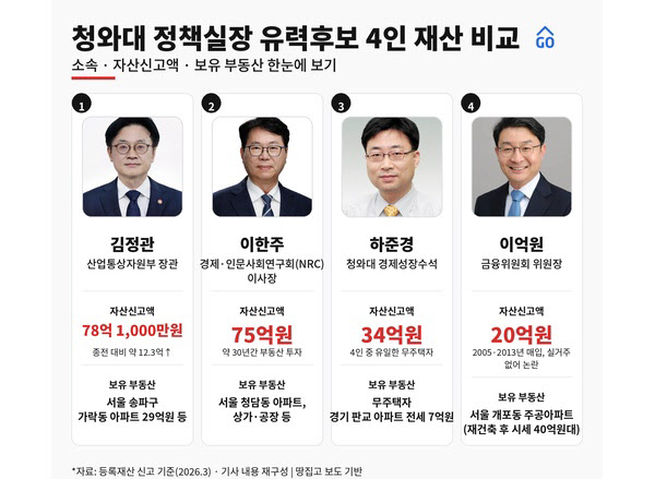 [땅집고] 청와대 정책실장 후보 4인의 소속과 자산신고액, 보유 부동산 내역/제작=생성형AI