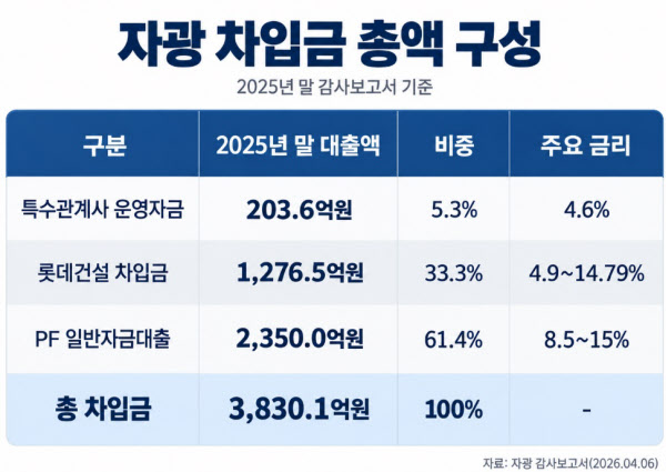 [땅집고] 2025년 말 기준 자광의 차입금 총액 구성 목록. /이지은 기자