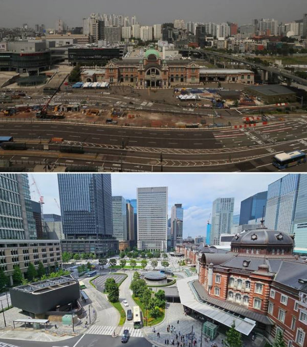 [땅집고] 서울역 일대(위)는 2003년 민자 역사를 끝으로 다른 개발 사업이 추진되지 못하면서, 낡은 저층 건물과 다세대 주택이 밀집한 낙후 지역으로 전락했다. 반면 일본 도쿄역 일대(아래)는 전략특구 등을 통한 규제 완화로 아시아를 대표하는 업무·상업 지구로 거듭나고 있다. /조선DB