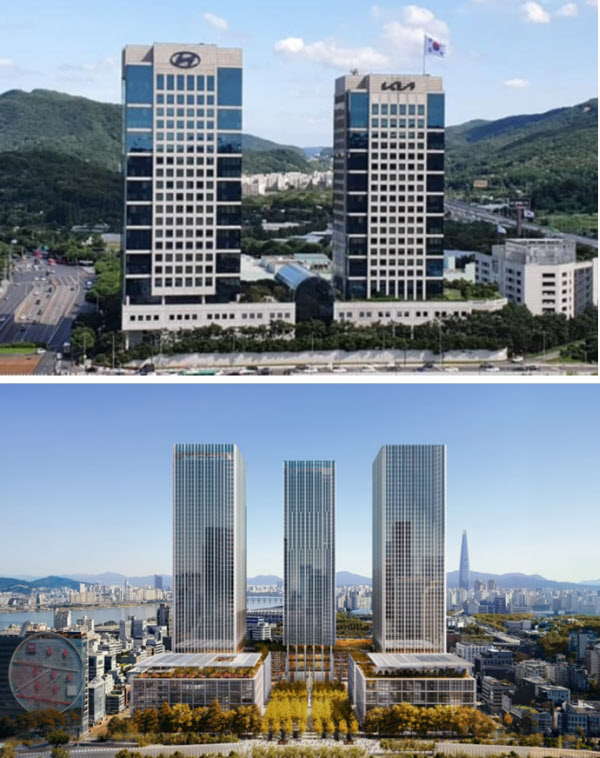 [땅집고] 현재 서울 서초구 양재동 현대차그룹 사옥(위)과, 서울 강남구 삼성동 GBC 완공 후 예상 모습 비교. /현대차그룹, 서울시