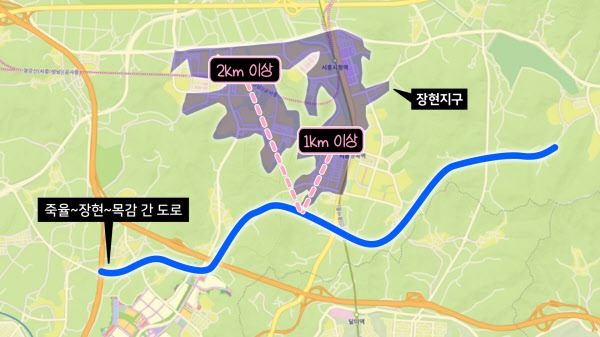 [땅집고] 장현지구 중심부에서 죽율~장현~목감 간 도로 진입 로터리까지의 거리./이혜림 기자
