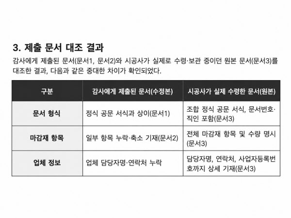 [땅집고] 경기 수원시 영통구 영통2구역 조합 특별감사보고서에 담긴 지정마감재 관련 문서 대조표. 보고서는 감사에게 제출된 자료와 시공사가 실제 보관한 원본 문서 사이에 문서 형식, 마감재 항목, 업체 정보 등에 차이가 있었다고 지적했다. /제보자 제공