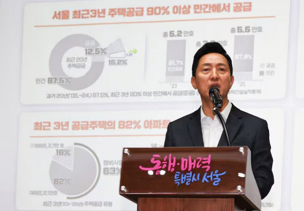 [땅집고] 오세훈 서울시장이 21일 서울 중구 서울시청에서 열린 ‘서울 주택정책 성과공유회’에서 정비사업 지정과 공공주택 확보 등 주택정책 성과를 발표하고 있다. /뉴스1